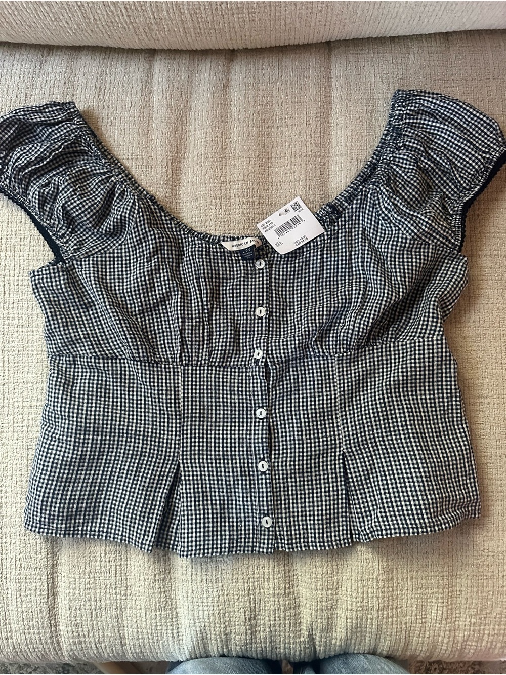 American Eagle Outfitters Black/White Gingham Button-Front Crop Top Size Large